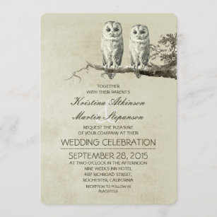 Vintage rustic wedding invitations with OWL couple
