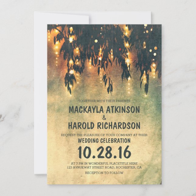 vintage rustic willow tree lights wedding invites (Front)