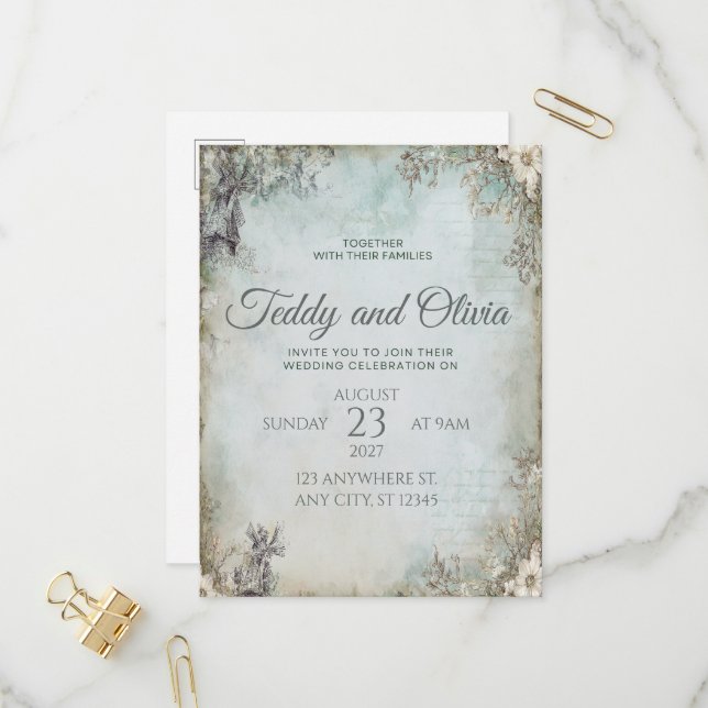Vintage Rustic Windmill Floral Wedding Invitation Postcard (Front/Back In Situ)