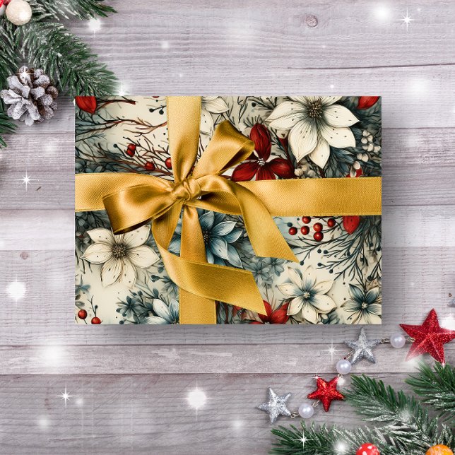 Vintage Rustic winter red botanical Christmas   Wrapping Paper (ELEGANT RED AND WHITE FLORAL CHRISTMAS WRAPPING PAPER )