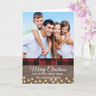 Vintage Rustic Wood Buffalo Plaid Photo Christmas Card