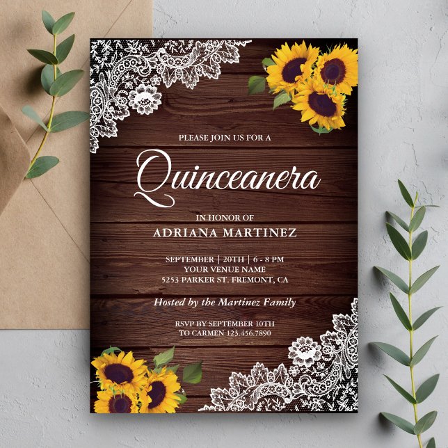 Vintage Rustic Wood Lace Sunflower Quinceanera Invitation (Creator Uploaded)