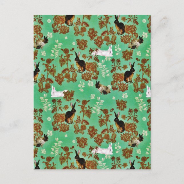 Vintage Rustic Woodland Flowers Bunny Rabbit Postcard (Front)