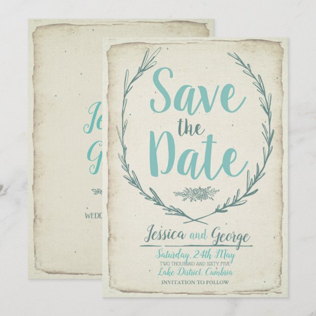Vintage rustic wreath Wedding Save the date (Front/Back)