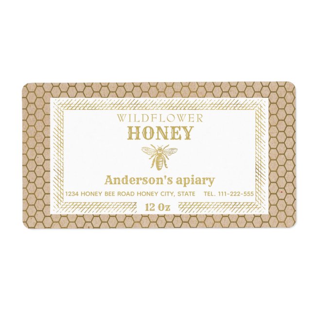 Vintage rusticKraft gold bee honey jar Label (Front)
