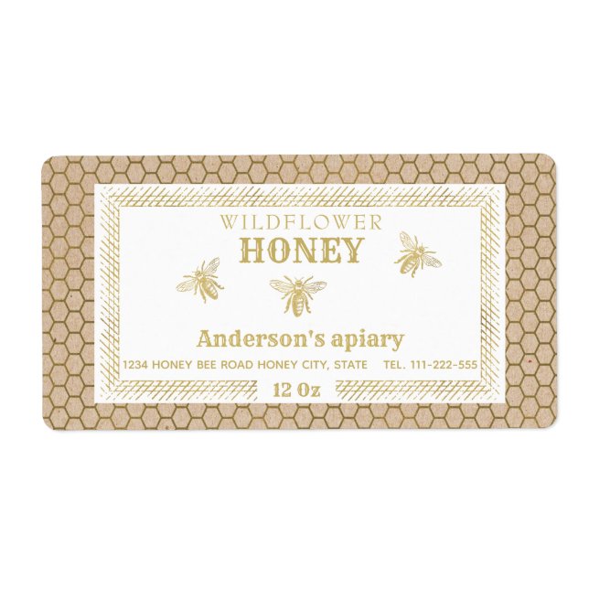 Vintage rusticKraft gold bee honey jar Label (Front)