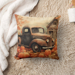Vintage Rusty Pickup and Pumpkins Autumn Cushion