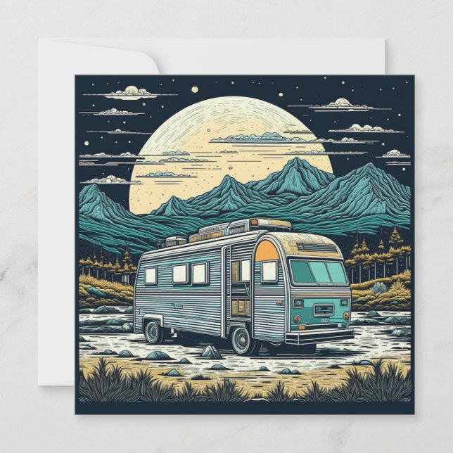 Vintage RV in the Mountains with Full Moon (Front)