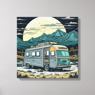 Vintage RV in the Mountains with Full Moon Canvas Print