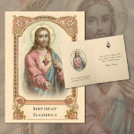 Vintage Sacred Heart of Jesus Religious Birthday Card<br><div class="desc">This is a beautiful traditional Catholic vintage image of the Sacred Heart of Jesus in a decorative vintage border. Inside is another image of Jesus with a short prayer below and verse on the other side. There is also a black and white line art drawing of the Sacred Heart above...</div>