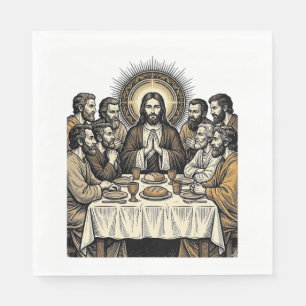 Vintage Sacred Supper Engraving Religious Art Shir Napkin