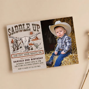 Vintage Saddle Up Western Cowboy Birthday Photo Invitation