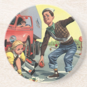 Vintage Safety Patrol Crossing Guard Helping Girl Coaster