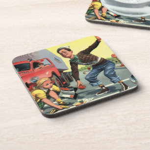 Vintage Safety Patrol Crossing Guard Helping Girl Coaster