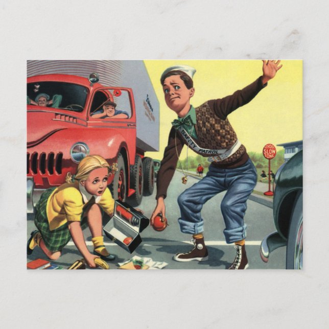 Vintage Safety Patrol Crossing Guard Helping Girl Postcard (Front)