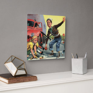 Vintage Safety Patrol Crossing Guard Helping Girl Square Wall Clock