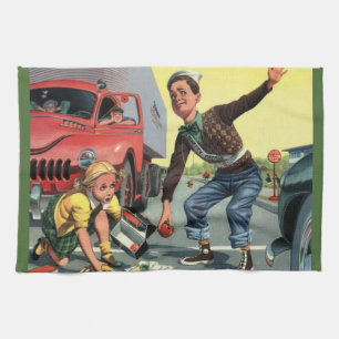 Vintage Safety Patrol Crossing Guard Helping Girl Tea Towel
