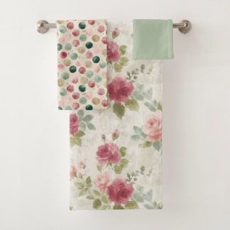 Vintage Sage and Pink Floral Watercolor Bath Towel Set