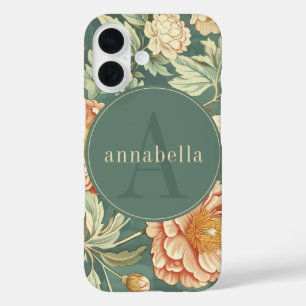 Vintage Sage Floral William Morris Monogram iPhone 16 Case
