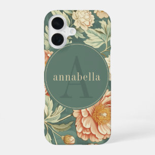 Vintage Sage Floral William Morris Monogram iPhone 16 Case
