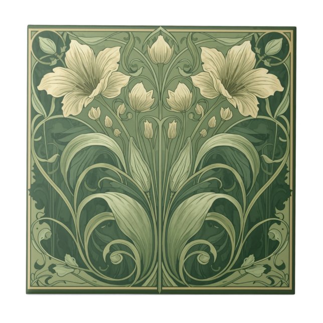 Vintage Sage Green Art Nouveau Floral  Tile (Front)