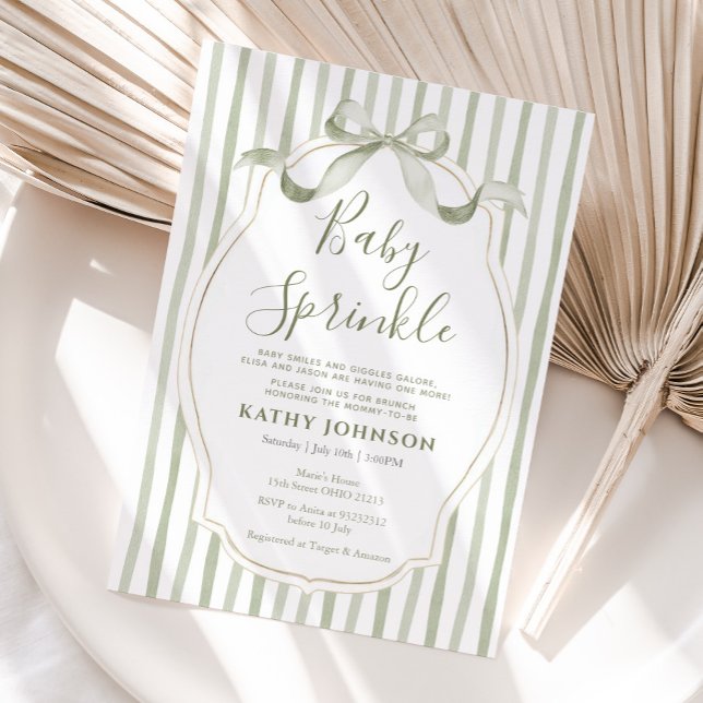Vintage Sage Green Baby Sprinkle Bow Ribbon  Invitation (Creator Uploaded)