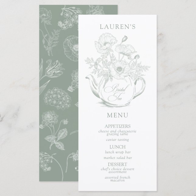 Vintage Sage Green Botanical Bridal Tea Shower Menu (Front/Back)
