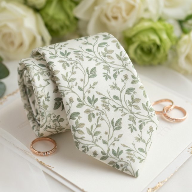 Vintage Sage Green Botanical Vine Pattern Tie (Creator Uploaded)