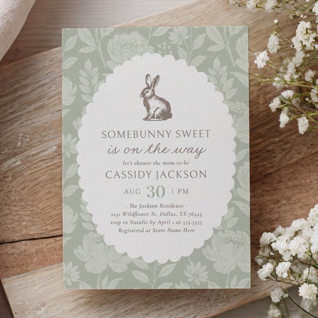 Vintage Sage Green Bunny Baby Shower Invitation (Creator Uploaded)
