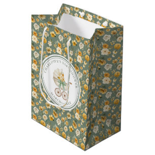 Vintage Sage Green Carriage Floral Baby Shower Medium Gift Bag