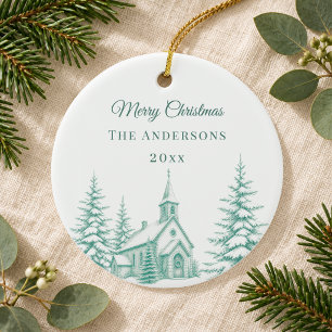 Vintage Sage Green Christmas Toile Church Winter Ceramic Tree Decoration