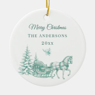 Vintage Sage Green Christmas Toile Horse Sleigh Ceramic Tree Decoration