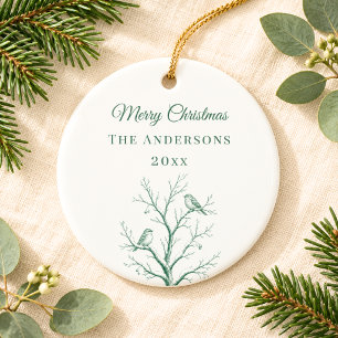 Vintage Sage Green Christmas Toile Tree Birds Ceramic Tree Decoration