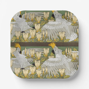 Vintage Sage Green Cockatoo Parrot Magnolia Art Paper Plate