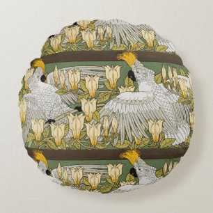 Vintage Sage Green Cockatoo Parrot Magnolia Art Round Cushion