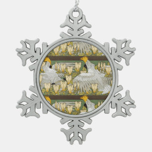 Vintage Sage Green Cockatoo Parrot Magnolia Art Snowflake Pewter Christmas Ornament