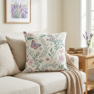 Vintage Sage Green Cottagecore Butterfly Floral Cushion