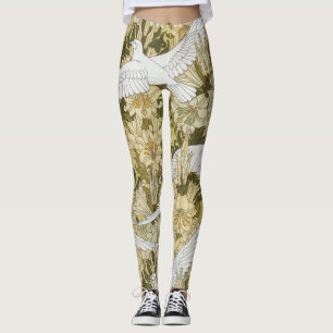 Vintage Sage Green Dove & Lily Floral Pattern Leggings