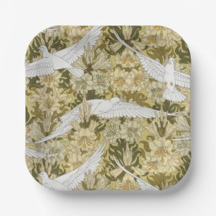 Vintage Sage Green Dove & Lily Floral Pattern Paper Plate