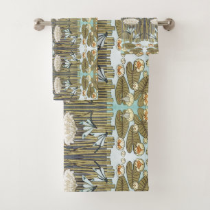 Vintage Sage Green Dragonfly & Lily Art Bath Towel Set