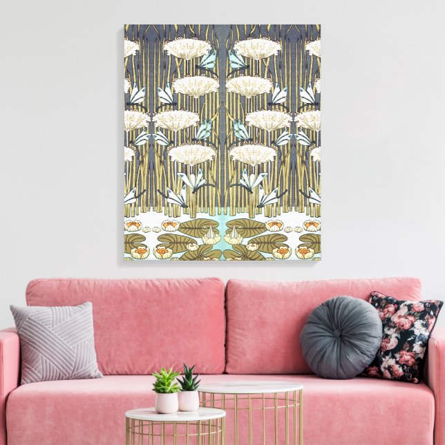 Vintage Sage Green Dragonfly & Lily Art Canvas Print (Insitu(LivingRoom))