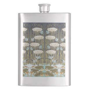Vintage Sage Green Dragonfly & Lily Art Hip Flask