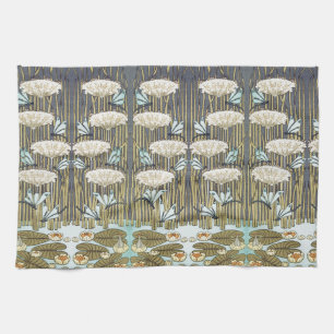 Vintage Sage Green Dragonfly & Lily Art Tea Towel