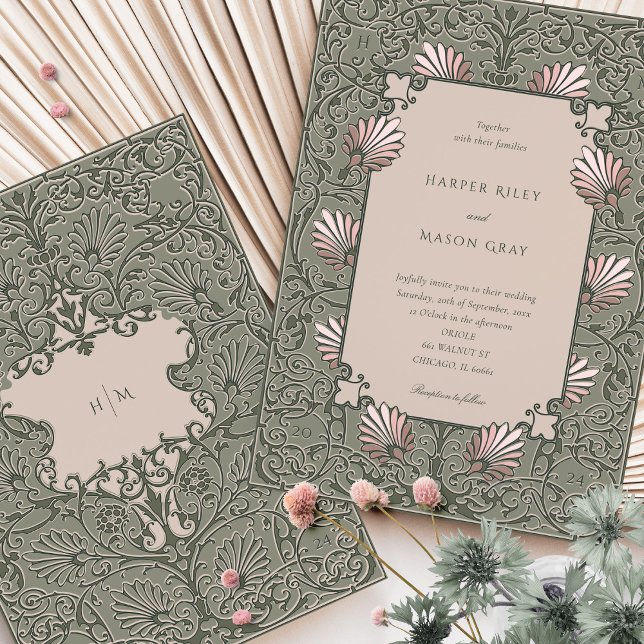 Vintage Sage Green Dusty Pink Wedding Invitation (Creator Uploaded)