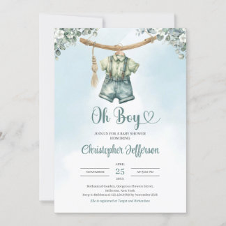 Vintage sage green eucalyptus boy baby clothes invitation