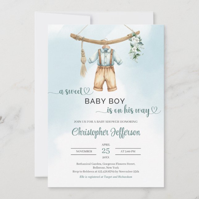 Vintage sage green eucalyptus boy baby clothes invitation (Front)