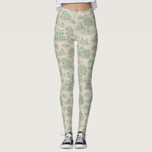 Vintage Sage Green Farmhouse Toile Landscape Leggings