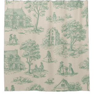 Vintage Sage Green Farmhouse Toile Landscape Shower Curtain