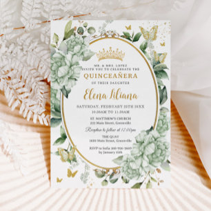 Vintage Sage Green Floral Butterflies Quinceañera  Invitation
