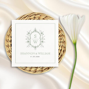 Vintage sage green floral crest monogram wedding napkin